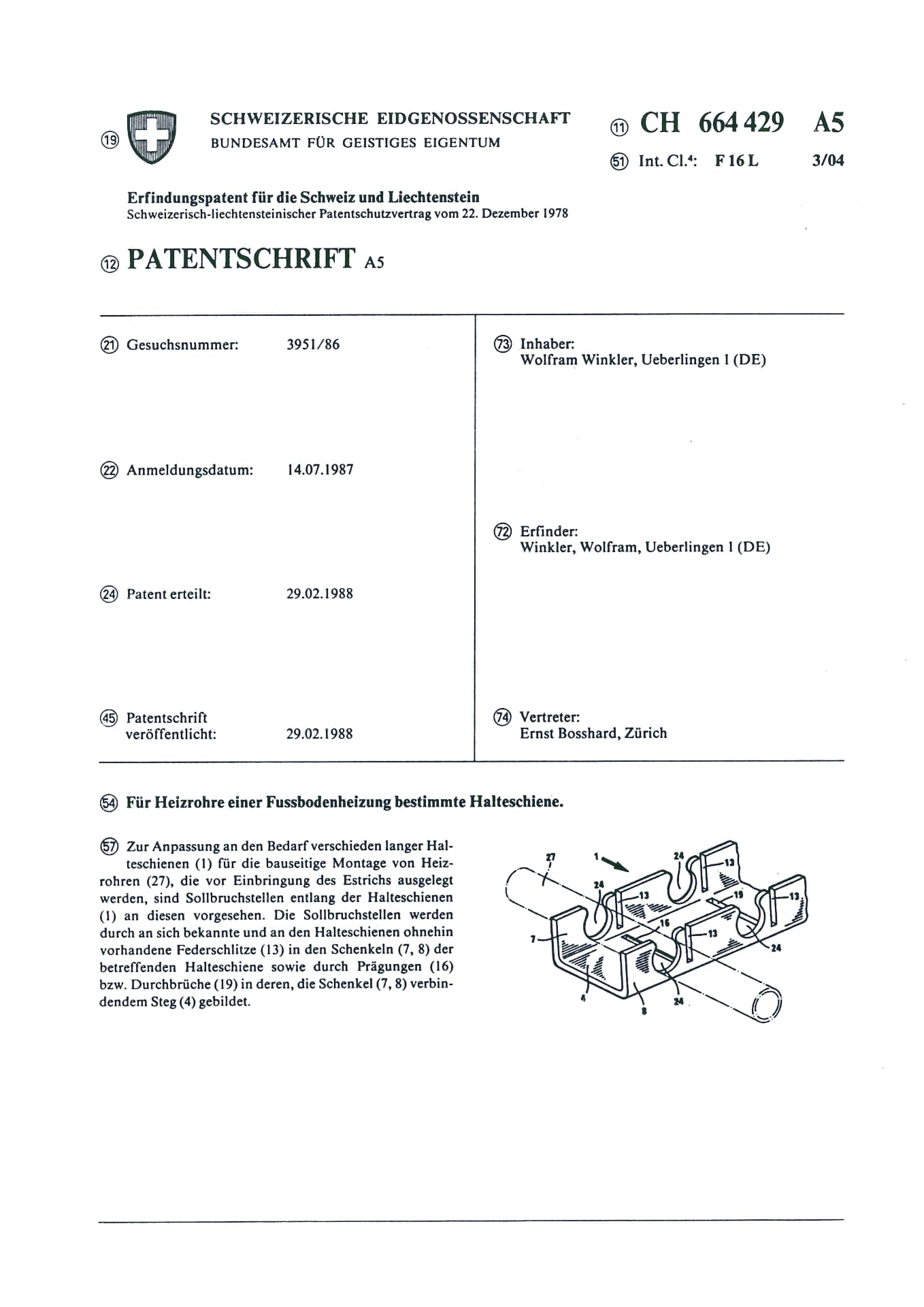 Swiss patent specification CH 664 429 – holding rail for underfloor heating pipes